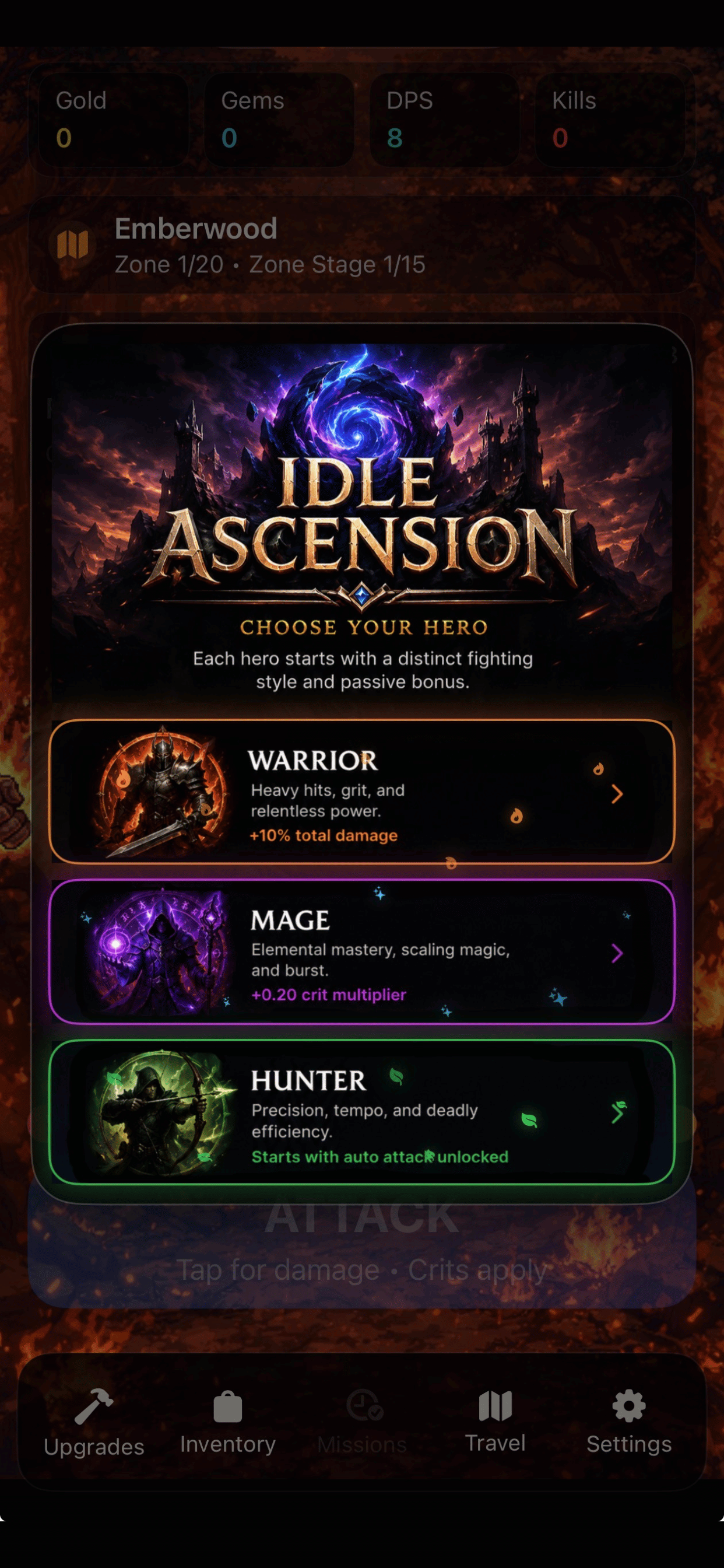 Idle Ascension menu