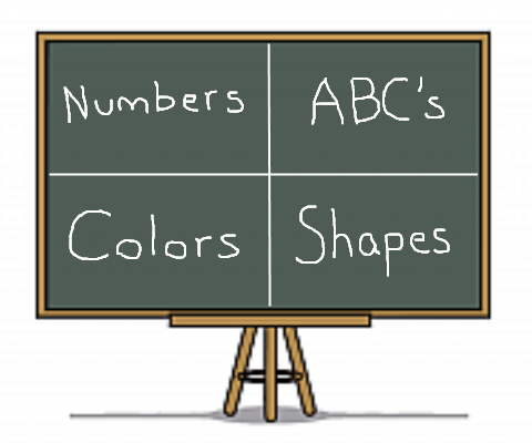 Original Numbers 4 Toddlers chalkboard menu with Numbers, ABCs, Colors, and Shapes
